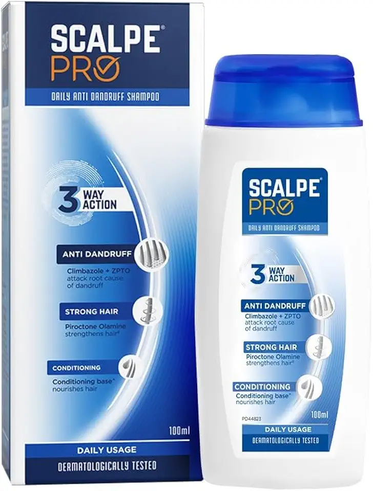 Scalpe Pro Daily Anti-Dandruff Shampoo with Climbazole and ZPTO, recommended to relieve scalp irritation caused by Minoxidil liquid.