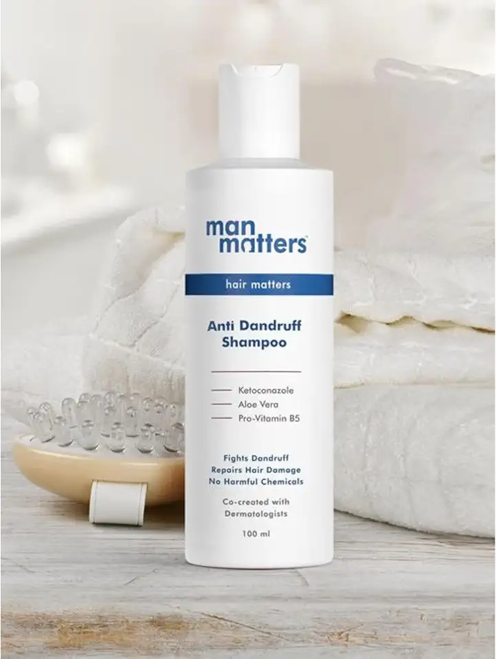 Man Matters Anti Dandruff Shampoo with Ketoconazole, used to combat scalp irritation that often influences the choice of minoxidil foam vs liquid.