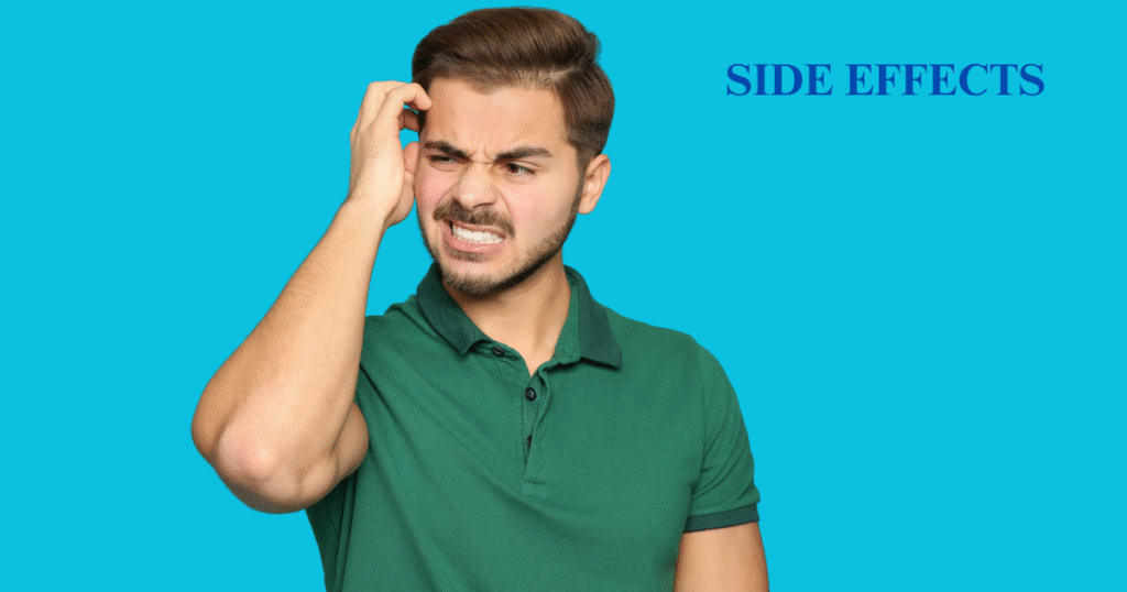 Man scratching his itchy scalp, symbolizing the potential side effects of Minoxidil liquid, primarily scalp irritation and dryness.