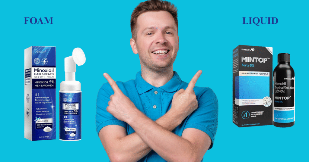 Minoxidil Foam vs Liquid 5% comparison, showing the difference between the mess-free foam applicator and the traditional liquid dropper solution.