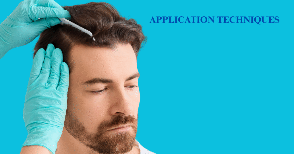 Detailed image showing the application technique for liquid Minoxidil using a comb to part the hair and target the scalp precisely.