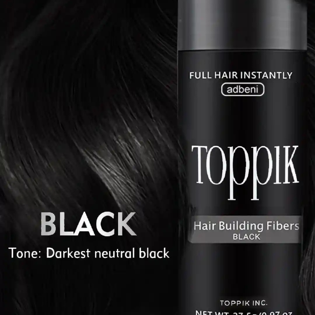Toppik Hair Building Fibers in Black tone, a cosmetic product to instantly conceal thinning hair and achieve a fuller look.