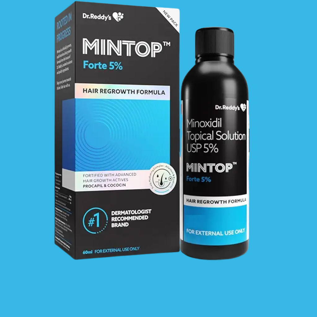 Dr. Reddy's Mintop Forte 5% Minoxidil Topical Solution (liquid form), showing the classic comparison option for minoxidil foam vs liquid.