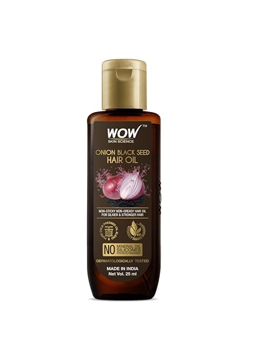 WOW Skin Science Onion Black Seed Hair Oil 25ml bottle, a non-sticky formula for silkier and stronger hair.