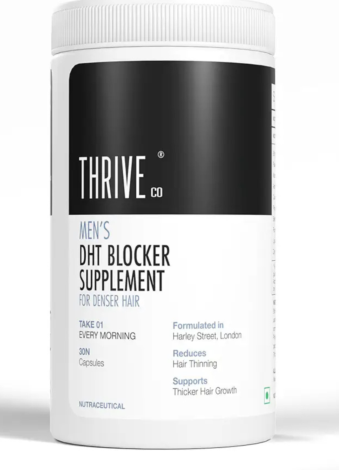 ThriveCo Men's DHT Blocker Supplement capsules with Ashwagandha and Zinc to combat hormonal hair loss and stress.