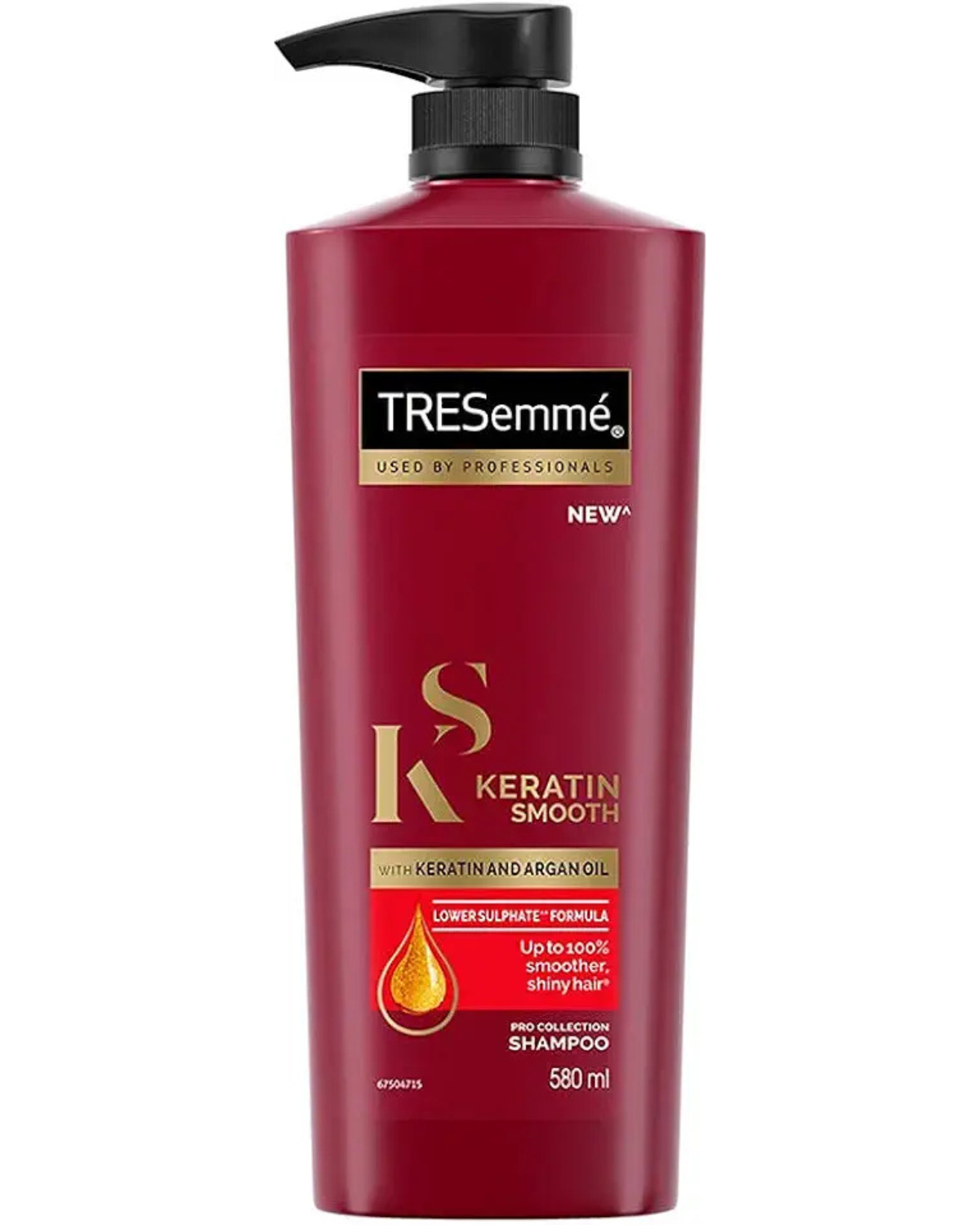 TRESemmé Keratin Smooth Shampoo in its signature red bottle, formulated with Keratin and Argan Oil to provide 72-hour frizz control and professional salon-smooth hair.