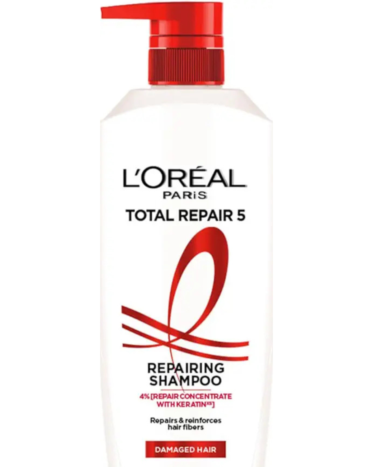 L'Oréal Paris Total Repair 5 Shampoo bottle, a top-rated hair care product for treating the 5 signs of hair damage: hair fall, dryness, roughness, dullness, and split ends.