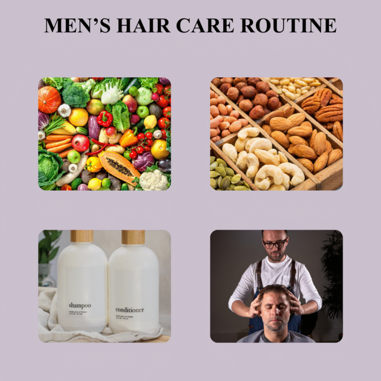 “Men’s hair care routine infographic showing healthy diet with vegetables and nuts, shampoo and conditioner, and scalp massage for stronger hair.”