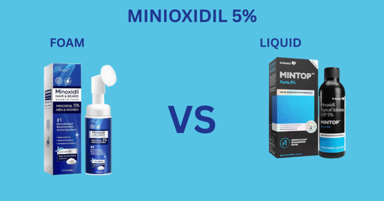 Comparison image showing Minoxidil foam vs liquid 5% topical solutions side-by-side, detailing the differences in application and formula.