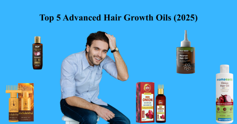 Top 5 Collage Infographic showing top 5 advanced hair growth oils in India for 2025 featuring WOW Skin Science, Traya, Indulekha, and Mamaearth. WOW Onion Oil WOW Skin Science Onion Black Seed Hair Oil 25ml bottle for silkier and stronger hair, dermatologically tested and made in India. Traya Duo Traya Hair Ras natural detox tablets and Traya Nourish Hair Oil for women with Argan and Rosemary extract. Traya Nourish Oil Traya Women's Nourish Hair Oil bottle with applicator tip featuring Argan oil, Castor oil, and Rosemary extract.