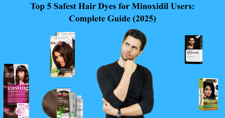 Infographic showing the top 5 safest hair dyes for minoxidil users in 2025, featuring ammonia-free and PPD-free brands.